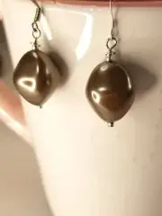 Handmade Earrings Warm Brown Vintage Glass Beads Silver Plate Hooks, Beads, Caps