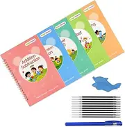 Magic Copybook for Kids, Set of 5 Copybook with Invisible Ink Refill, Grooved Practice Calligraphy Book with Pencil Grip for