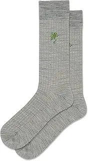 [Hot Sox] Men's Ribbed Frog Embroidery Wool Crew Socks 1 Pair, Grey Heather, Men's 10-13, Grey Heather, 10-13