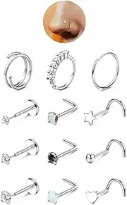 [JeryWe] Gold Nose Rings for Women - 14K Gold Filled Hypoallergenic Surgical Steel Nose Ring Hoops CZ Opal Lip Ring Screw L Shaped Studs Threadless Flat Back Stud Nose Piercings Jewelry for Women Men
