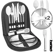 Cynrikah Outdoor Cutlery Set with Bag, Camping Dinnerware Set with Spoon Fork Knife