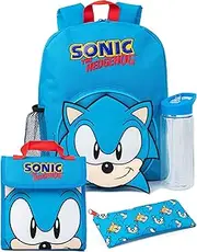 Sonic The Hedgehog Backpack Set Kids 4 Piece | Blue Tails Animated Character School Bag Lunch Box Pencil Case Water Bottle | Game Movie Merchandise Gifts
