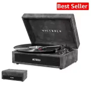Stylish Lambskin Grey Suitcase Record Player with Bluetooth & Built-in Speakers