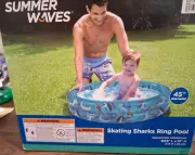 SUMMER WAVES 45" DIAMETER 10" HIGH BLUE SWIMMING POOL FOR KIDS, SHARK PRINT