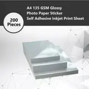 200 Pack A4 135GSM Glossy Photo Paper Sticker Self Adhesive Inkjet Print Sheet