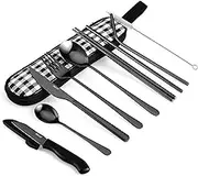 hecef 11 PCS Black Titanium Plating Travel Cutlery Set with Compact Carrying Case & Mesh Bag, Reusable Stainless Steel Utensils, Handy Flatware Set for Work, School, Camping and Travel