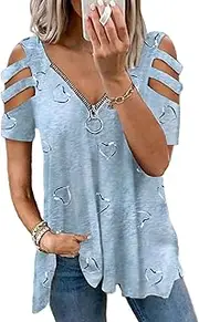 [Colisha] Womens Cold Shoulder Blouse Tops Ladies Short Sleeve Loose Zip V Neck T Shirts Casual Print Tunic Hollow Out Shoulder Tee Shirt