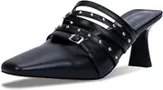 [Odetina] Women's Square Closed Toe kitten Heel Slip On Buckle Rivet Mules Dress Shoes