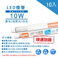 在飛比找momo購物網優惠-【東亞照明】LED T8 2尺10W燈管省電燈管10入(T8