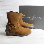 Enzo Tesoti Girl's Kid Size 3 Brown Genuine Suede Leather Boots Fur Lined Spain