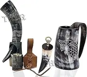 Viking Drinking Horn Mug - Bottle Opener - Whiskey Cup - Belt Holster - Drinking Horn With Stand For Cold Drink - Water and Beer Tankard Authentic Set Rustic Vintage Home Decor Gifts