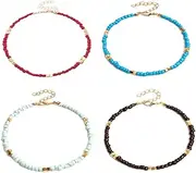 [Dtja] 4 PCS Minimalist Beaded Anklet Bracelet Set for Women Gold Plated Layered Square Seeds Chain Adjustable Bohemian Fashion Retro Handmade Nickel Free Summer Beach Y2K Jewelry, Metal