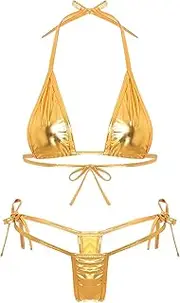 [Loodgao] Womens Shiny Metallic Bikini Sets Halter Neck Lace Up Bra Tops with Thongs Bathing Suit