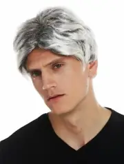Wig Carnival Men Short Wavy Black Silver Platinum Streaked