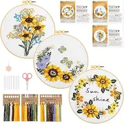 JSRQT Sunflower Embroidery Kit for Beginners Adults, 3 Sets Art Craft Handmade Needlepoint Kit, Full Range Stamped Design Cross Stitch Starter Kit with Needles, Threads, Fabric, Hoop and Instruction