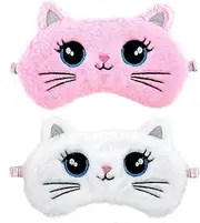 WY LIGHTING LEVEL 2 Pack Soft Plush Cat Pattern Sleep Mask for Kids, Pink & White, Velvet & Polyester, Elasticity, Light Blocking, 2 Count
