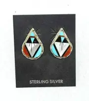 Zuni Handmade Multi-Stone Inlay Teardrop Earrings set in Sterling Silver by WCN