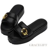 在飛比找momo購物網優惠-【Grace Gift】紀卜心聯名-泡泡棉花糖厚底拖鞋(黑)