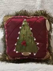 Satin Christmas Tree Throw Pillow Fringe Trim Pom Pom Trim 9x10 New Unusual