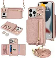 Cavor Crossbody Wallet for iPhone 12 Pro Max Leather Case for iPhone 13 Pro Max Case 6.7'' Flip Cover Card Slots with 360°Rotation Ring Holder Kickstand & Long Shoulder Lanyard Strap-Rose