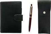 Eco B7 Cowhide Leather Mini Organizer and Round Button Pen Case Black Euro Style Brass Parts Retractable Ballpoint Pen Set Red LS002B-BRSB-NXB-R