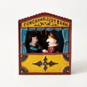 Cast Iron Punch & Judy Mechanical Toy Coin Money Bank - Book of Knowledge - New