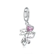 Silver plating Enjoying Life Letter Pink Heart Pendant Charm Fit Bracelets Bangles DIY Jewelry