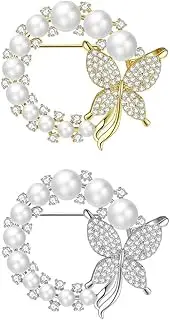 [Weenkeey] 2 Pcs Butterfly Pearl Brooch Pin Wreath Brooch Safety Pin Wedding Bridal Brooches Women Crystal Rhinestones Brooch Collar Lapel Pin Badge for Dress Shirts Coat - Gold Silver, Metal Silver Gemstone Pearl