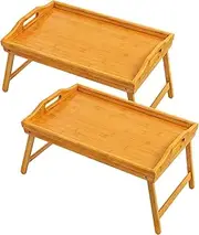2 Pack Bed Tray Table Breakfast Trays Serving Bamboo Laptap with Floding Legs Handles and Phone Holders