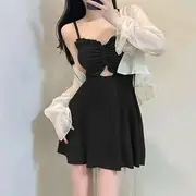Set: Spaghetti Strap Plain Ruffle Cutout Swim Dress + Cover Up Black - S
