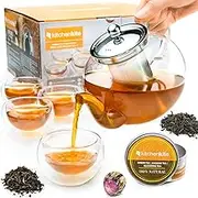 Tea Kettle Infuser Stovetop Gift Set - Glass Teapot with Removable Stainless Steel Strainer, Microwave & Dishwasher Safe, Tea Pot with Blooming, Loose Leaf Tea Sampler & 4 Double Wall Cups, Tea Maker