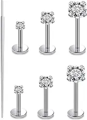 [Oufksiyy] 20G 18G 16G Flat Back Earrings Studs F136 Titanium Nose Ring Threadless Nose Stud Tragus Cartilage Lip Medusa Piercing Jewelry Hypoallergenic Taper Needles Cubic Zirconia 6mm 7mm 8mm