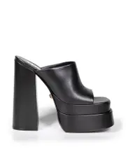 Black Leather Platform Open Toe Mules