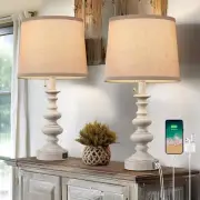 Bedside Lamps Set of 2, Farmhouse Lamps with USB A+C Ports Bedroom Retro White
