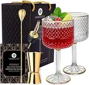 Vemacity Luxury Gin Glasses Set of 2 w/Gold Rims| Gold Spoon, Spirit Measure, Spirit Pourer & Recipe e-Book| Crystal Gin Glass Gift Set| Aperol Spritz Glasses| Cocktail Glasses| Gin Glasses for Women