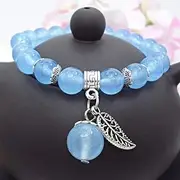 [IBOWZ] Crystal Bracelet Bead Bracelets Charm Bracelets for Womens, 7 Chakra Natural Stone Bead Blue Chalcedony Bracelet Elastic Lucky Yoga Bangle Hollow Leaves Pendant Jewelry for Ladies