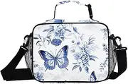 Blue Butterfly White Insulated Lunch Box for Women Men - Ideal for Work, Picnics - Includes Adjustable Shoulder Strap