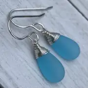 Min Favorit Pacific Blue Sea Glass Teardrop & Silver Pl Artisan Wrap Earrings