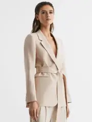 REISS LYLAH SINGLE BREASTED TIE FRONT BLAZER Jacket in NEUTRAL UK SIZE 6