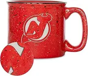 Rico Industries NHL Hockey New Jersey Devils Red 15 oz Speckle Camper Coffee Mug, Deep Laser Engraved Logo, Ceramic Camping Mug, Speckle Glaze