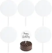 VEGCOO 5 Pcs Blank Acrylic Cake Toppers, Round Cupcake Toppers, Blank Cake Topper Sticks for Birthday Party Cake Wedding Decoration Kits for DIY Acrylic Cake Topper