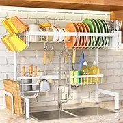 SNTD Over The Sink Dish Drying Rack, White Adjustable (26.8'' to 34.6'') 2 Tier Dish Drying Rack for Kitchen Counter with Utensil Sponge Holder Sink Caddy Cup Holder, (DDR-02A65WT)