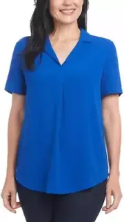 NWT Hilary Radley Women's Pleated Collared Blouse Blue Size L $60 10HL373