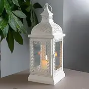 TRIROCKS Rustic Style Metal Candle Lantern 32CM High Decorative Hanging Lantern Candle Holder with Clear Glass Perfect for Living Room Garden Yard Patio Parties Events Indoors Outdoors(White)