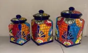 Talavera canister set of 3 multicolored flowers Cobalt Blue Rim X Large