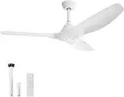 USOR 52 Inch Ceiling Fan with Remote Control Outdoor Ceiling Fans No Light 3 Reversible Blades, White Ceiling Fan for Patios Farmhouse Bedroom Living DC Motor
