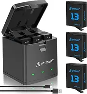 Artman Hero 13 Battery 2100mAh for Hero13 Black Camera, LED 3-Slot Fast USB-C Charger Fully Compatible with GoPro Hero 13 Batteries and Charger (3-Pack)
