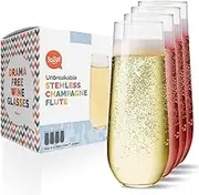 Unbreakable Stemless Champagne Flutes 9oz Set of 4, Shatterproof Tritan Plastic Glasses, Reusable Dishwasher Safe Flute, Wedding, Bachelorette, Travel & Poolside Champagne Glasses
