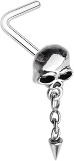 [Pierced Owl] 20GA Stainless Steel Skull with Dangling Chain Spike L-Bend Nose Stud, 20ga, Metal, no gemstone