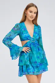 Blue Floral Dress Balloon Sleeve Lace Up Back Ring Chiffon - Size 8, Women's Skater Dress